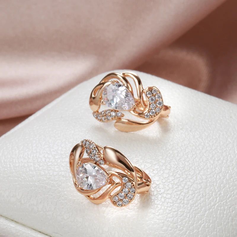 Trendy Rose Gold Crystal Floral Studs with Natural Zircon Inlay for Brides and Boho Fashion