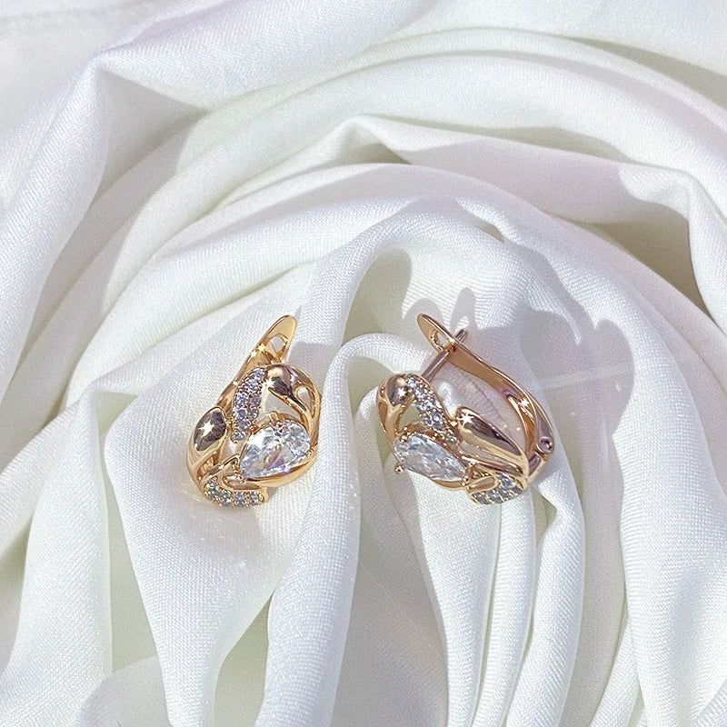 Trendy Rose Gold Crystal Floral Studs with Natural Zircon Inlay for Brides and Boho Fashion