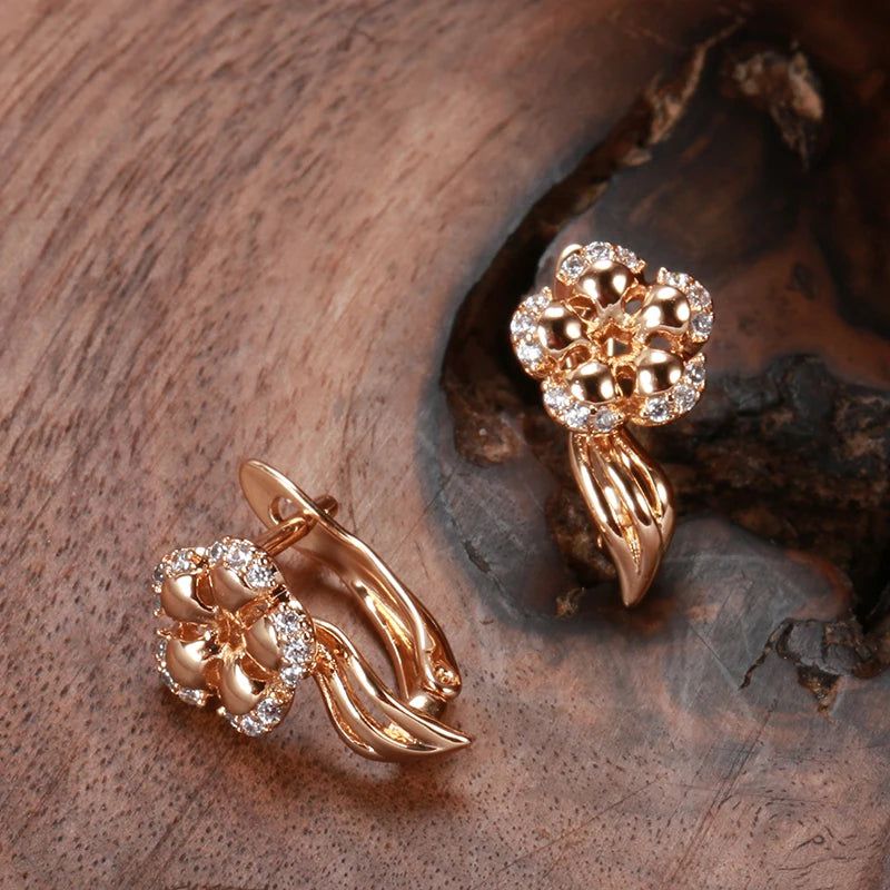 Trendy Rose Gold Crystal Flower Dangle Earrings with Natural Zircon