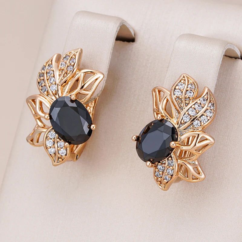 Trendy Rose Gold Crystal Flower Earrings with Black Zircon Vintage Design