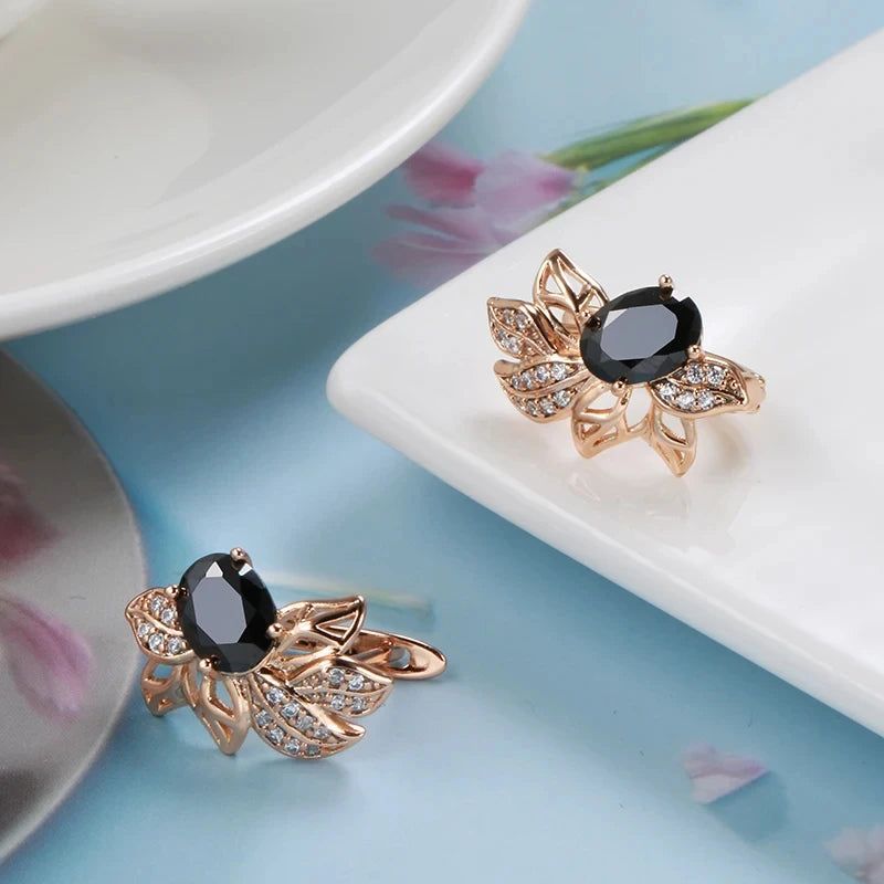 Trendy Rose Gold Crystal Flower Earrings with Black Zircon Vintage Design