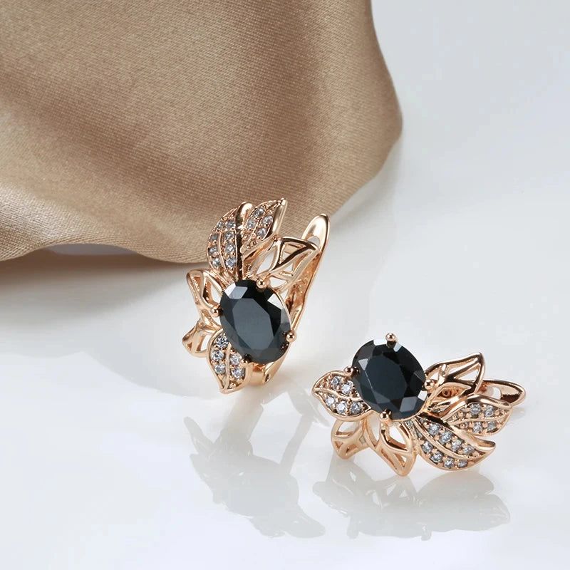 Trendy Rose Gold Crystal Flower Earrings with Black Zircon Vintage Design