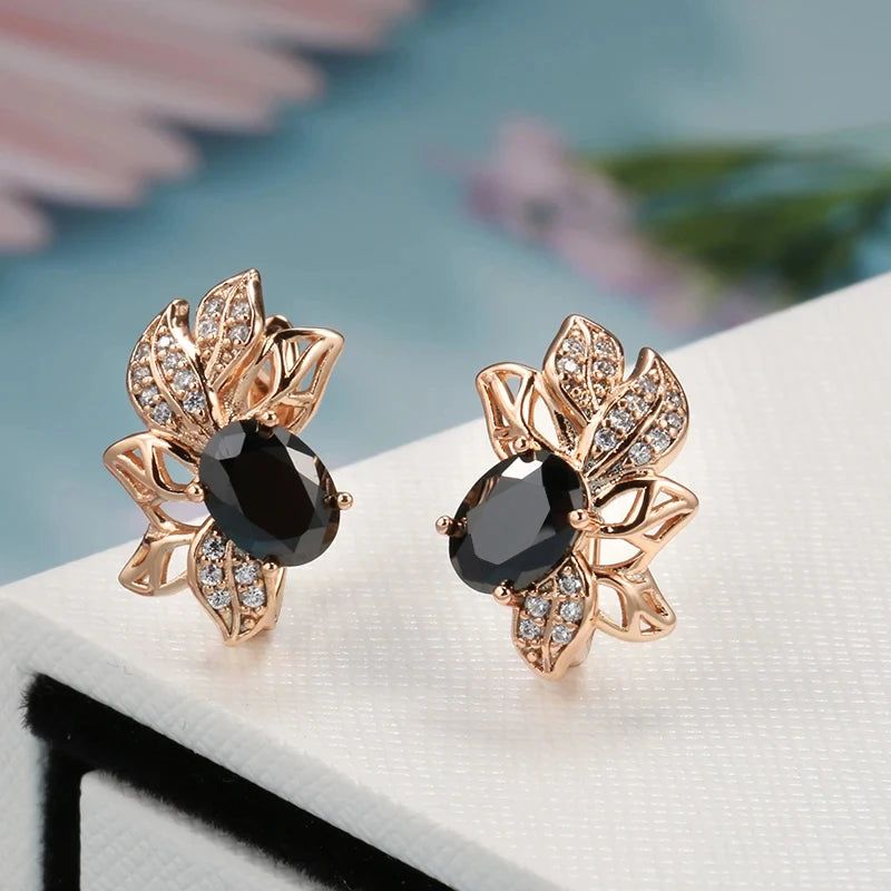 Trendy Rose Gold Crystal Flower Earrings with Black Zircon Vintage Design