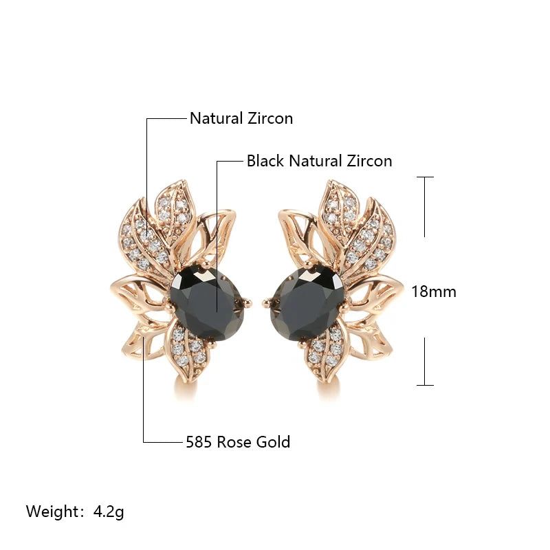 Trendy Rose Gold Crystal Flower Earrings with Black Zircon Vintage Design