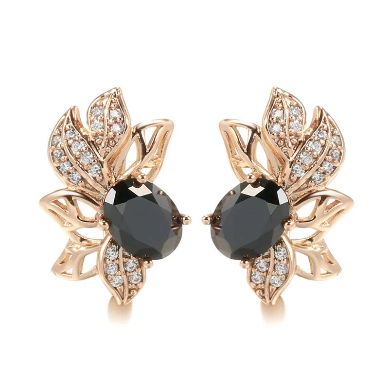 Trendy Rose Gold Crystal Flower Earrings with Black Zircon Vintage Design