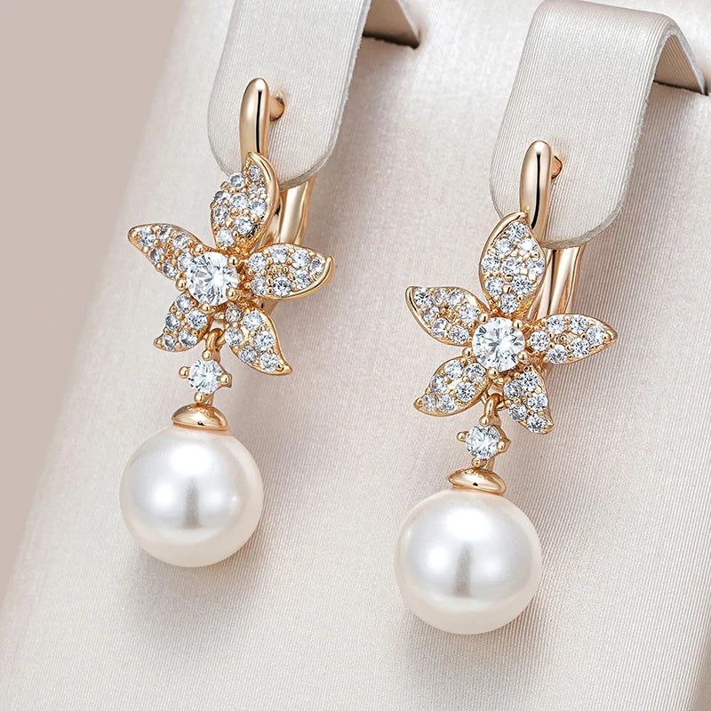 Trendy Rose Gold Crystal Flower Pearl Dangle Earrings with Natural Zircon