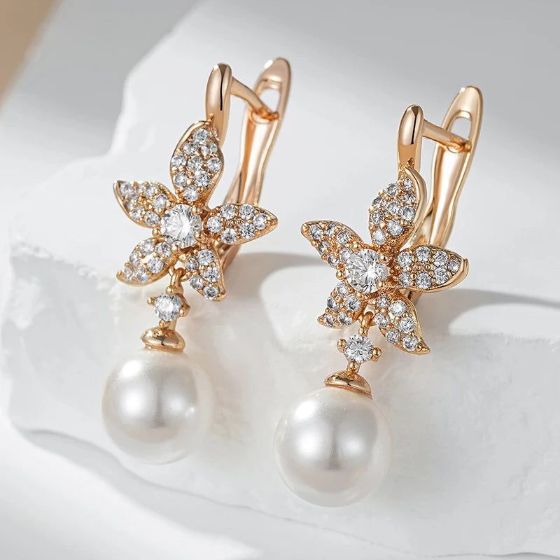 Trendy Rose Gold Crystal Flower Pearl Dangle Earrings with Natural Zircon