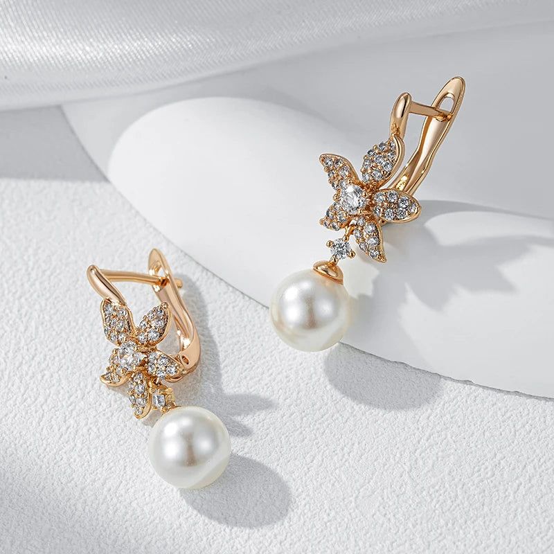 Trendy Rose Gold Crystal Flower Pearl Dangle Earrings with Natural Zircon