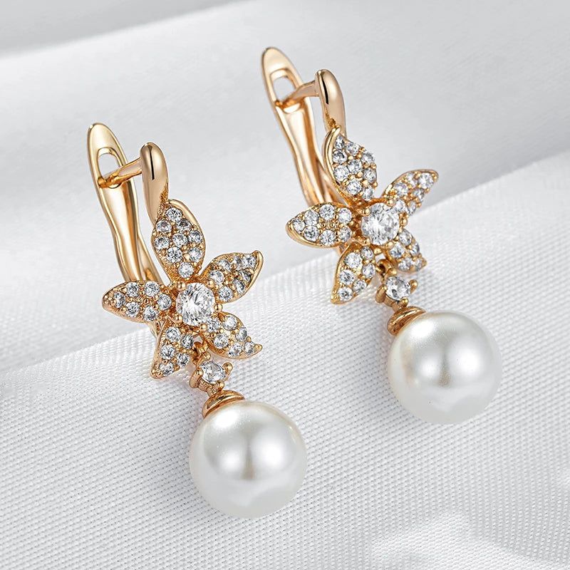 Trendy Rose Gold Crystal Flower Pearl Dangle Earrings with Natural Zircon