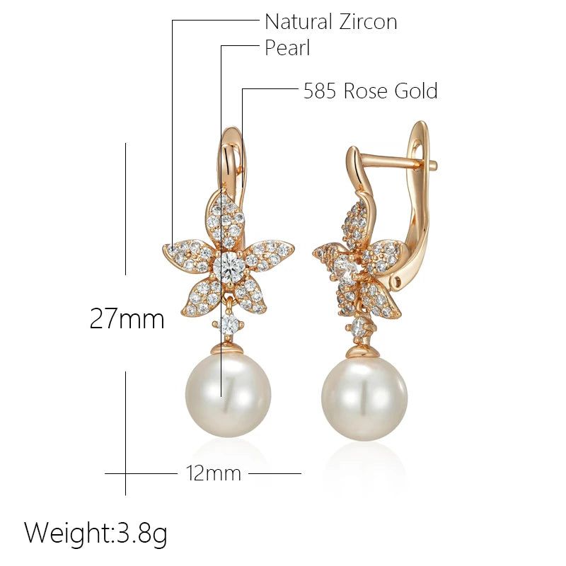 Trendy Rose Gold Crystal Flower Pearl Dangle Earrings with Natural Zircon