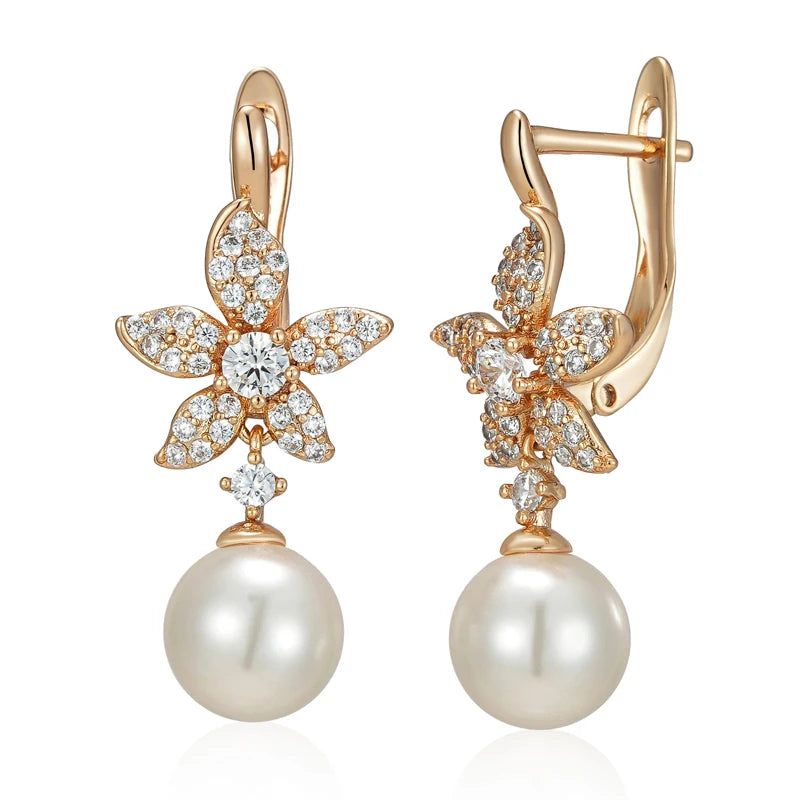 Trendy Rose Gold Crystal Flower Pearl Dangle Earrings with Natural Zircon