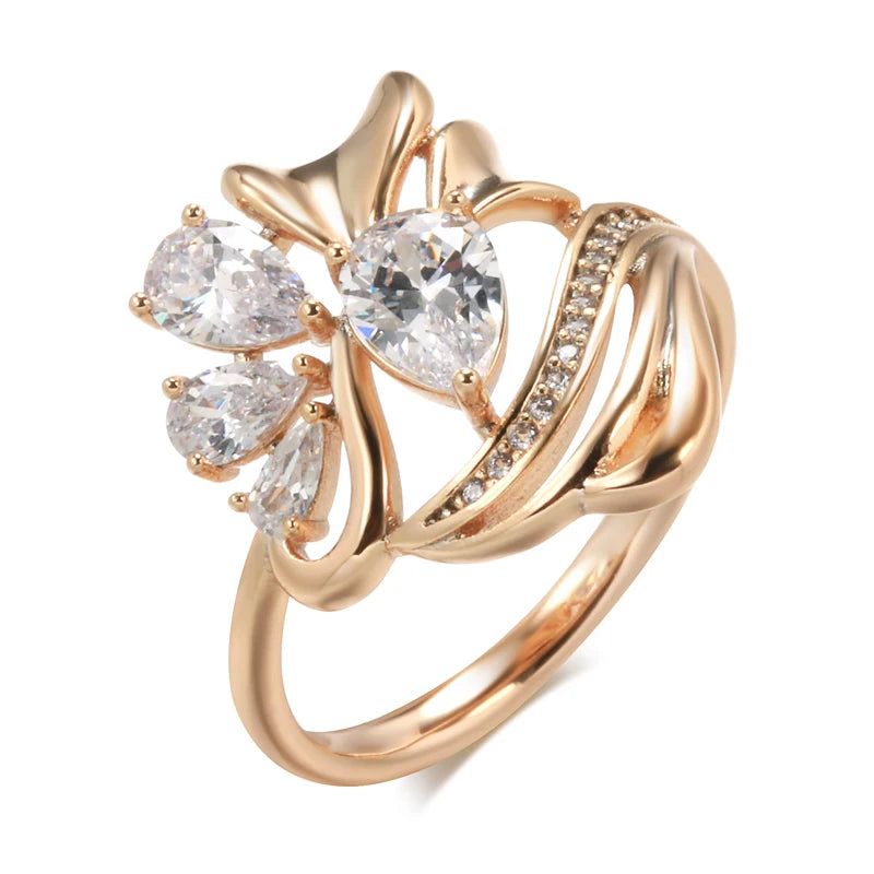 Trendy Rose Gold Crystal Flower Ring with White Natural Zircon