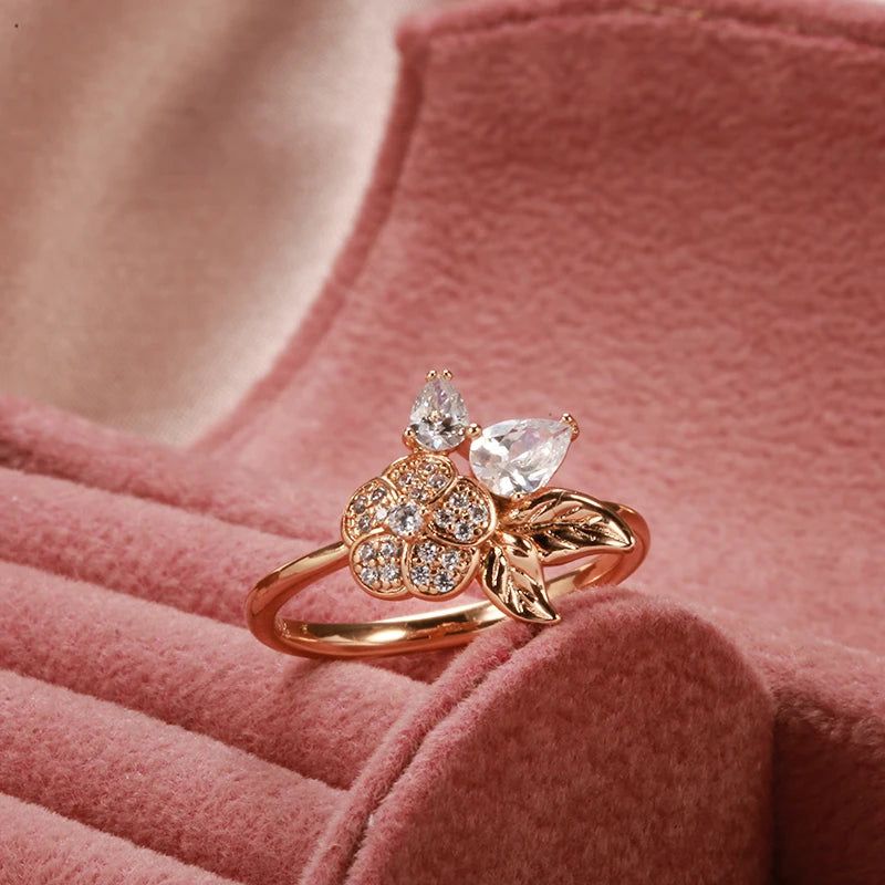 Trendy Rose Gold Crystal Flower Rings with Water Drop Natural Zircon Accents