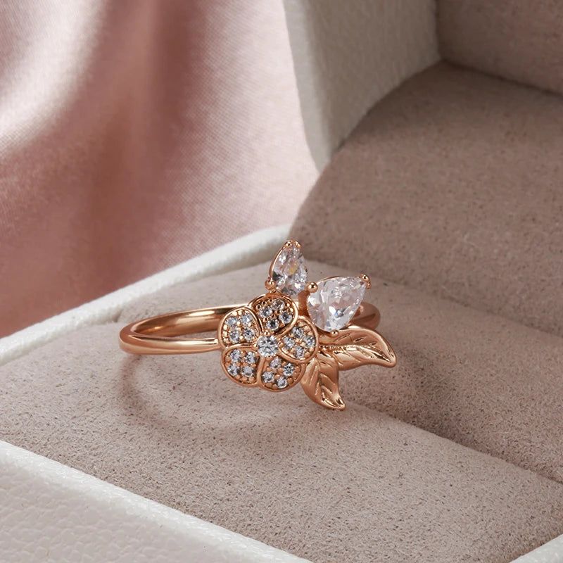 Trendy Rose Gold Crystal Flower Rings with Water Drop Natural Zircon Accents