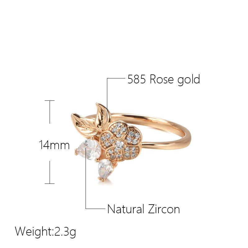 Trendy Rose Gold Crystal Flower Rings with Water Drop Natural Zircon Accents