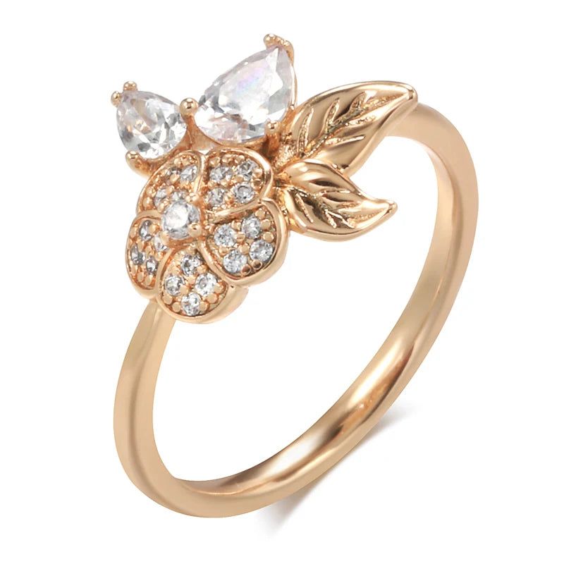 Trendy Rose Gold Crystal Flower Rings with Water Drop Natural Zircon Accents