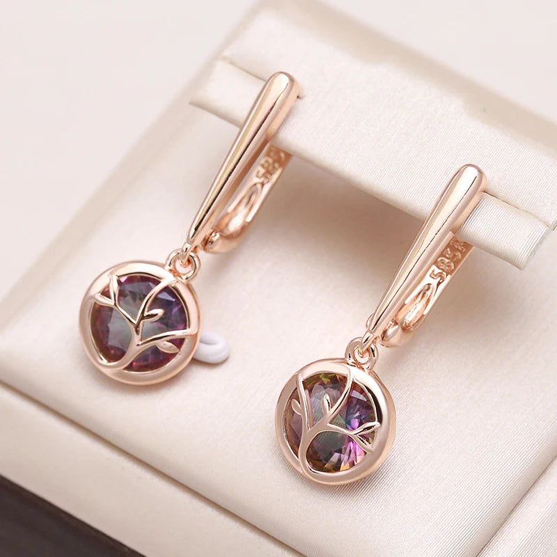 Trendy Rose Gold Dangle Earrings with Natural Zircon Crystal Floral Design