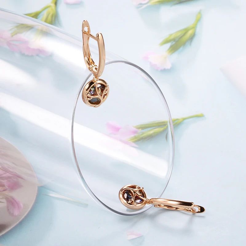 Trendy Rose Gold Dangle Earrings with Natural Zircon Crystal Floral Design