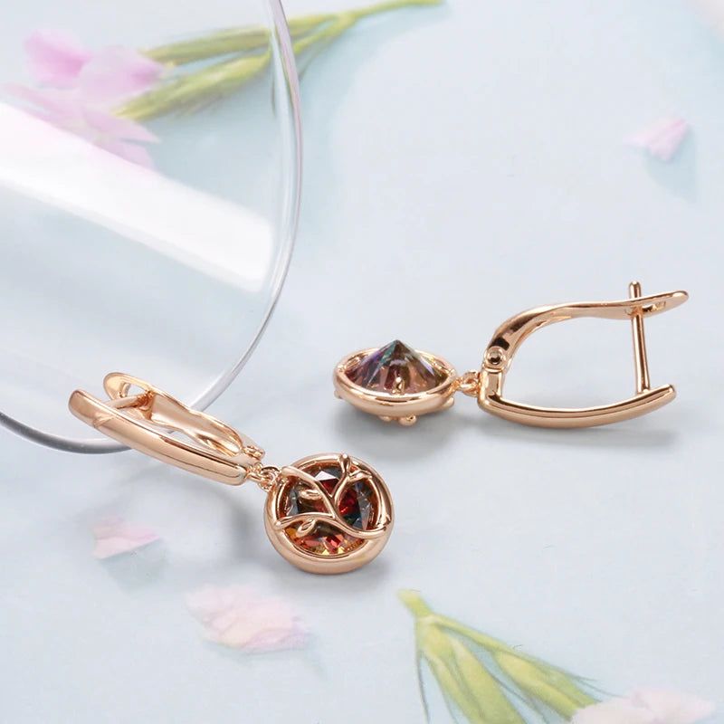 Trendy Rose Gold Dangle Earrings with Natural Zircon Crystal Floral Design