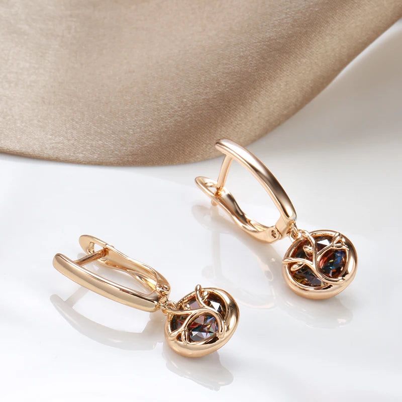 Trendy Rose Gold Dangle Earrings with Natural Zircon Crystal Floral Design