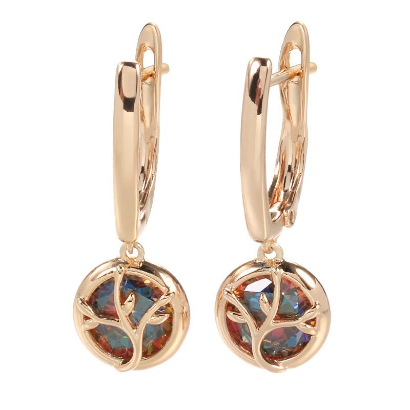 Trendy Rose Gold Dangle Earrings with Natural Zircon Crystal Floral Design