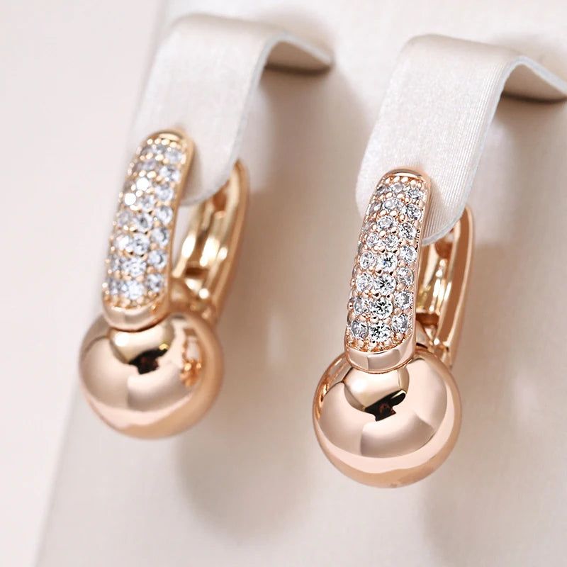 Trendy Rose Gold Dangle Earrings with Natural Zircon - Trendy Glossy Ball Design