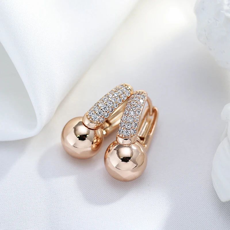 Trendy Rose Gold Dangle Earrings with Natural Zircon - Trendy Glossy Ball Design