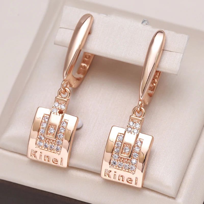 Trendy Rose Gold Dangle Earrings with Natural Zircon in Square Design