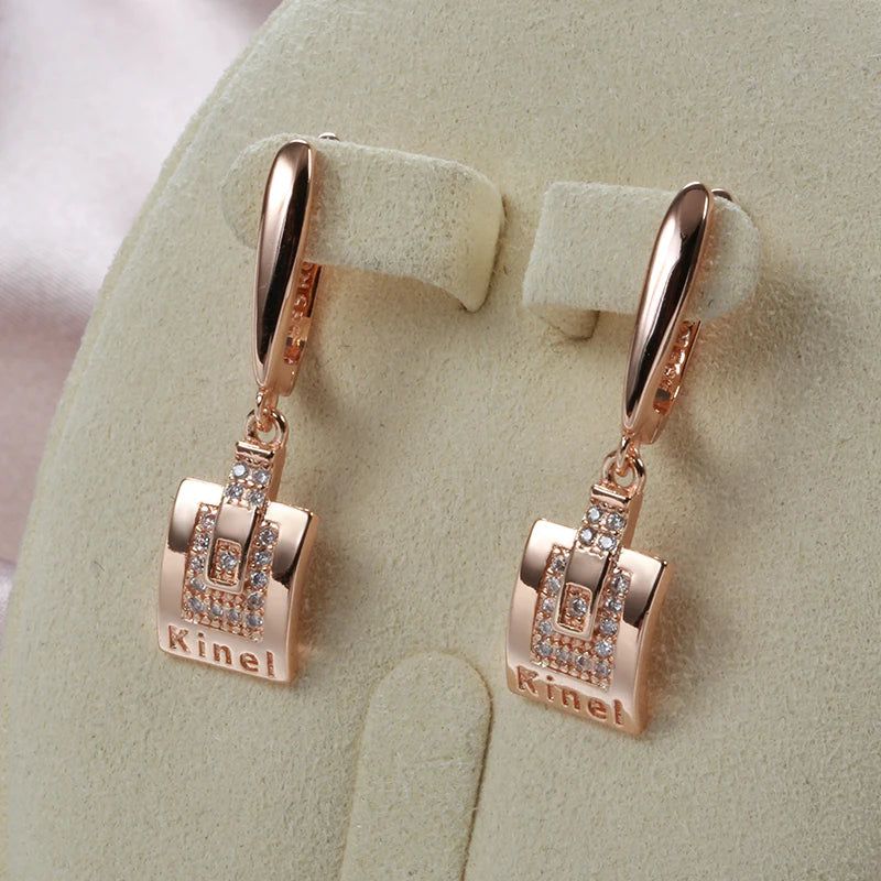 Trendy Rose Gold Dangle Earrings with Natural Zircon in Square Design