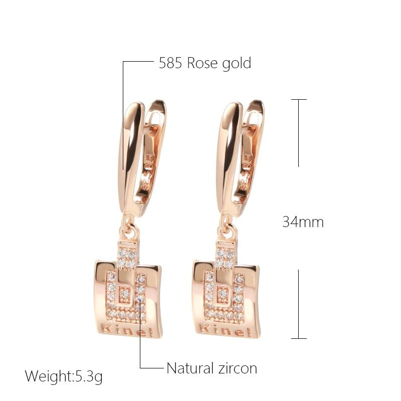 Trendy Rose Gold Dangle Earrings with Natural Zircon in Square Design