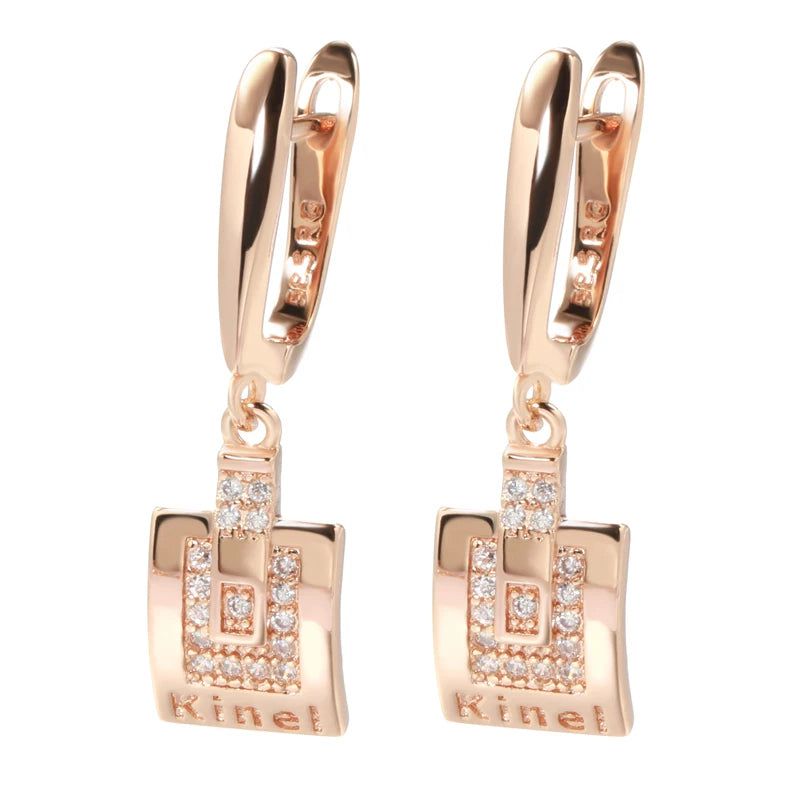 Trendy Rose Gold Dangle Earrings with Natural Zircon in Square Design