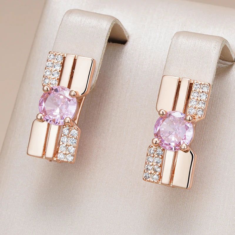 Trendy Rose Gold Dangle Earrings with Pink Princess Cut Natural Zircon for Ladies