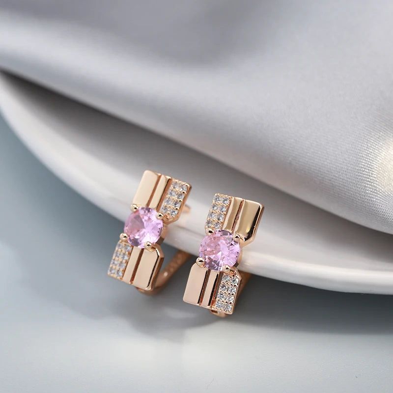 Trendy Rose Gold Dangle Earrings with Pink Princess Cut Natural Zircon for Ladies