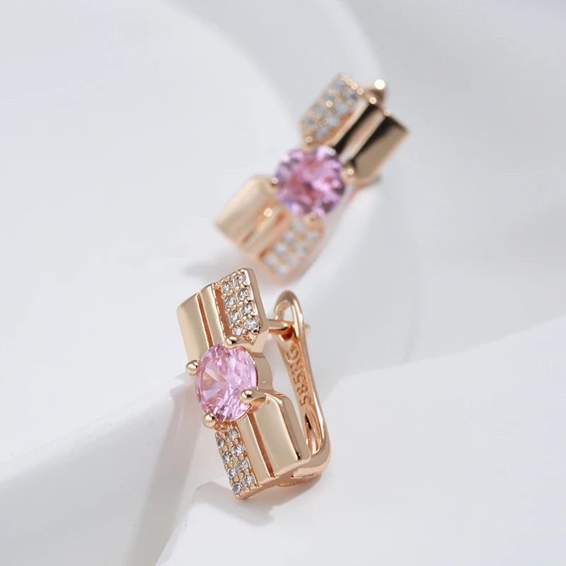 Trendy Rose Gold Dangle Earrings with Pink Princess Cut Natural Zircon for Ladies