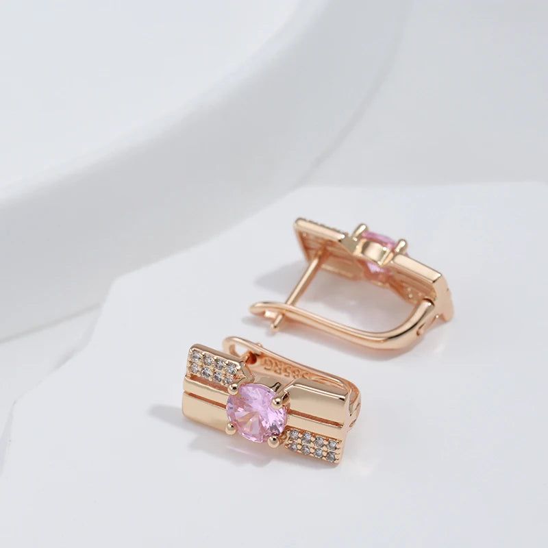 Trendy Rose Gold Dangle Earrings with Pink Princess Cut Natural Zircon for Ladies