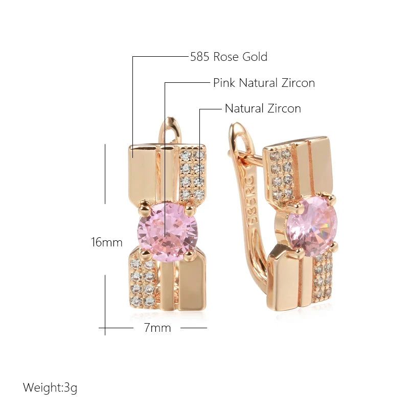 Trendy Rose Gold Dangle Earrings with Pink Princess Cut Natural Zircon for Ladies