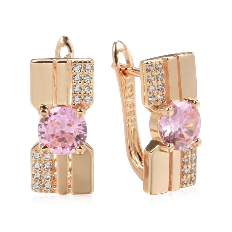 Trendy Rose Gold Dangle Earrings with Pink Princess Cut Natural Zircon for Ladies