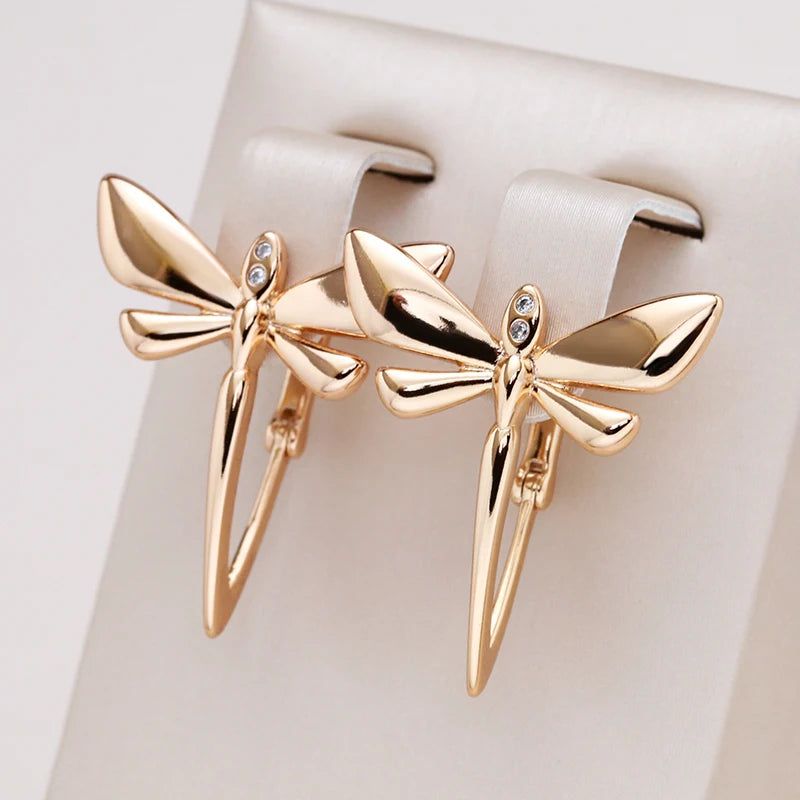 Trendy Rose Gold Dragonfly Long Drop Earrings with Glossy Finish