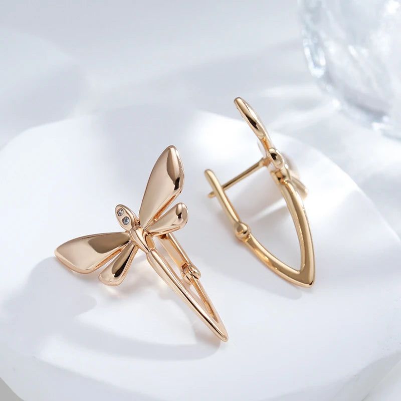 Trendy Rose Gold Dragonfly Long Drop Earrings with Glossy Finish