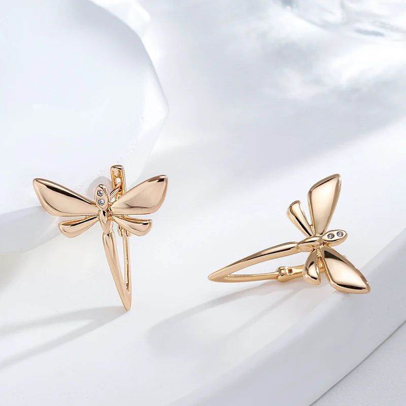 Trendy Rose Gold Dragonfly Long Drop Earrings with Glossy Finish