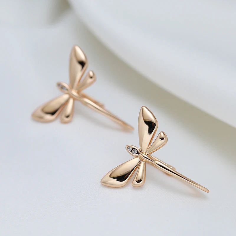 Trendy Rose Gold Dragonfly Long Drop Earrings with Glossy Finish