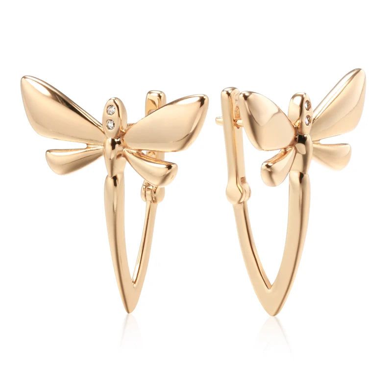 Trendy Rose Gold Dragonfly Long Drop Earrings with Glossy Finish