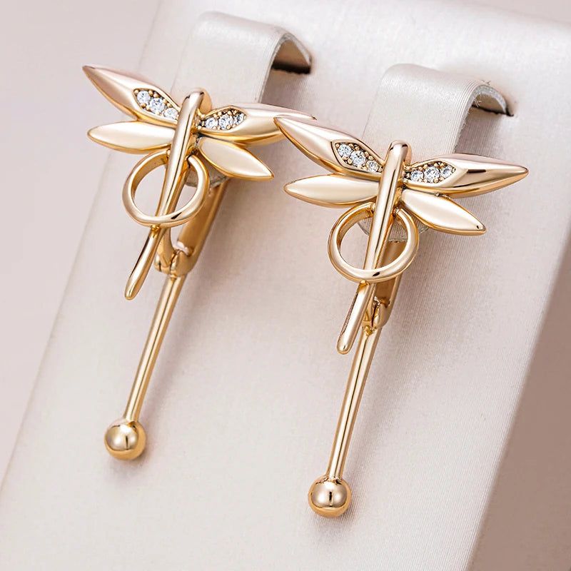 Trendy Rose Gold Dragonfly Long Drop Earrings with Natural Zircon Accents