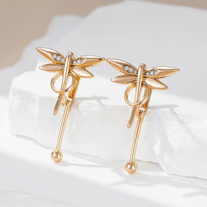 Trendy Rose Gold Dragonfly Long Drop Earrings with Natural Zircon Accents