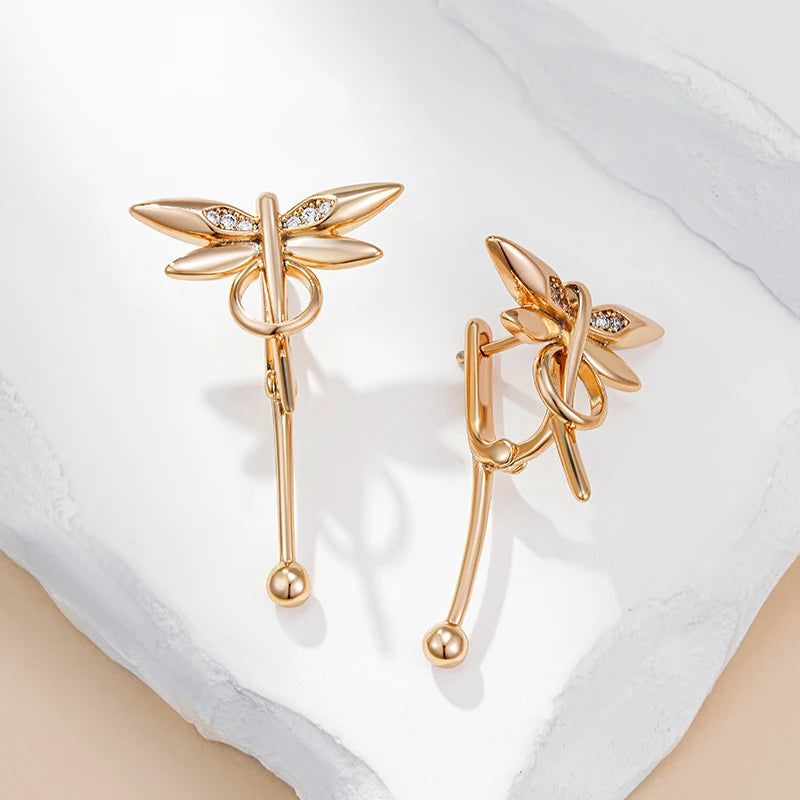 Trendy Rose Gold Dragonfly Long Drop Earrings with Natural Zircon Accents