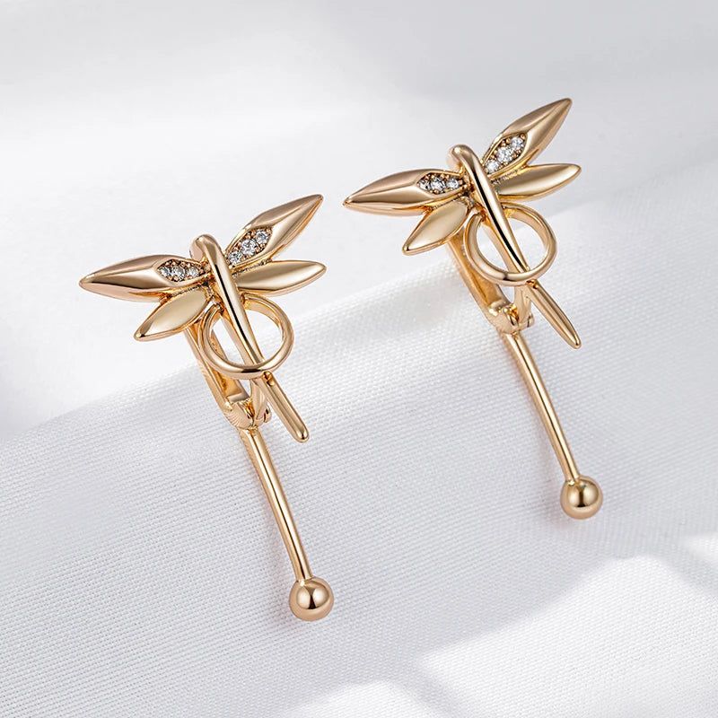 Trendy Rose Gold Dragonfly Long Drop Earrings with Natural Zircon Accents