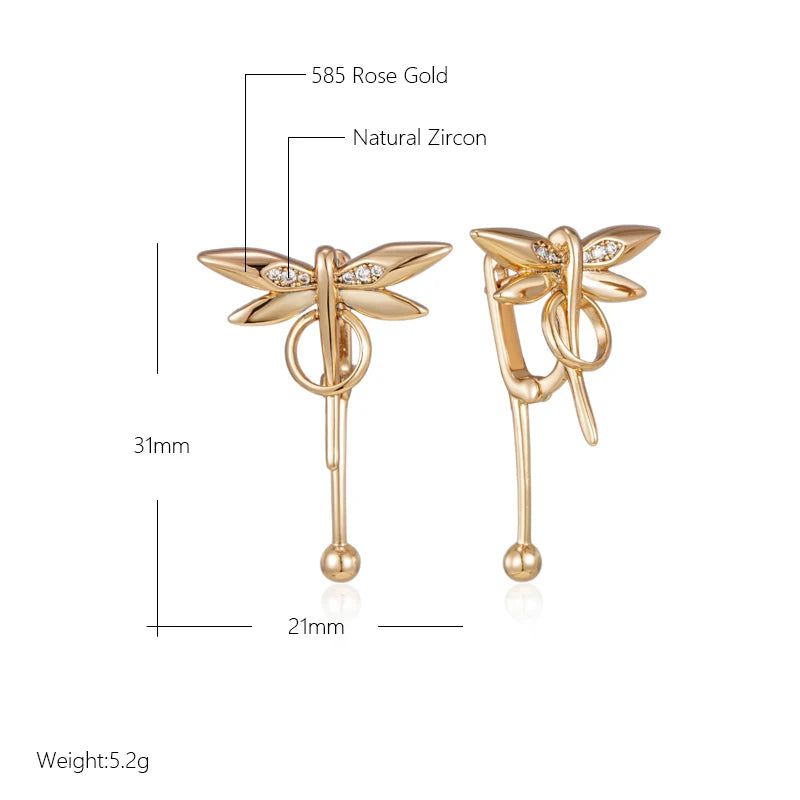 Trendy Rose Gold Dragonfly Long Drop Earrings with Natural Zircon Accents