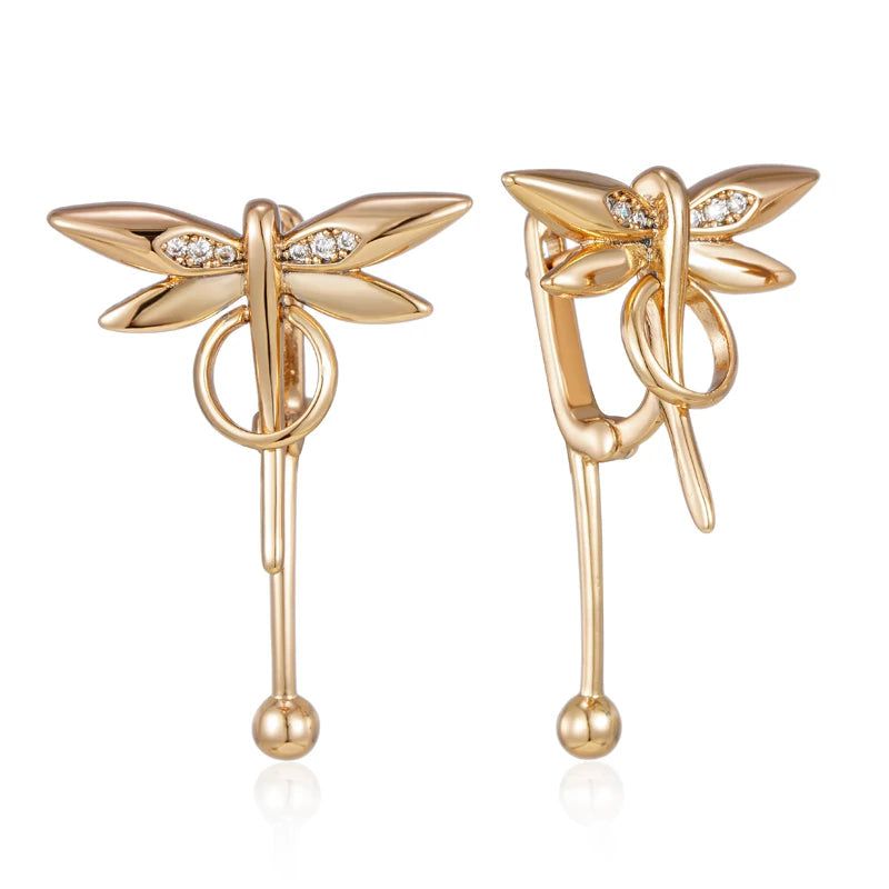 Trendy Rose Gold Dragonfly Long Drop Earrings with Natural Zircon Accents