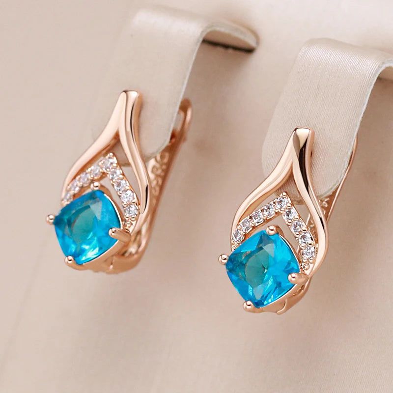 Trendy Rose Gold Drop Earrings with Blue Natural Zircon - Luxury Square Design