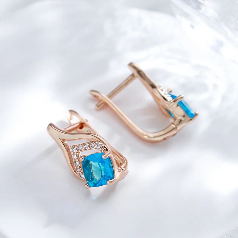 Trendy Rose Gold Drop Earrings with Blue Natural Zircon - Luxury Square Design